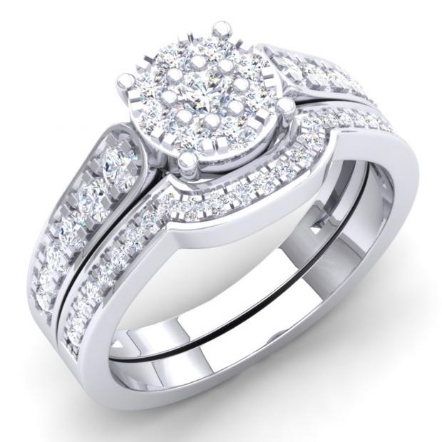 0.85 Carat (Ctw) 10K White Gold Round White Diamond Ladies Cluster Bridal Engagement Ring With Matching Band Set