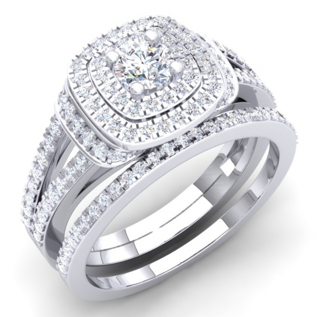 1.00 Carat (Ctw) 10K White Gold Round Cut Diamond Ladies Bridal Split Shank Halo Engagement Ring With Matching Band Set 1 CT