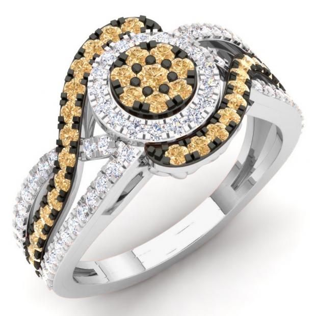 1.00 Carat (Ctw) 10K White Gold Round Champagne & White Diamond Ladies Swirl Split Shank Twisted Bridal Cluster Engagement Ring 1 CT