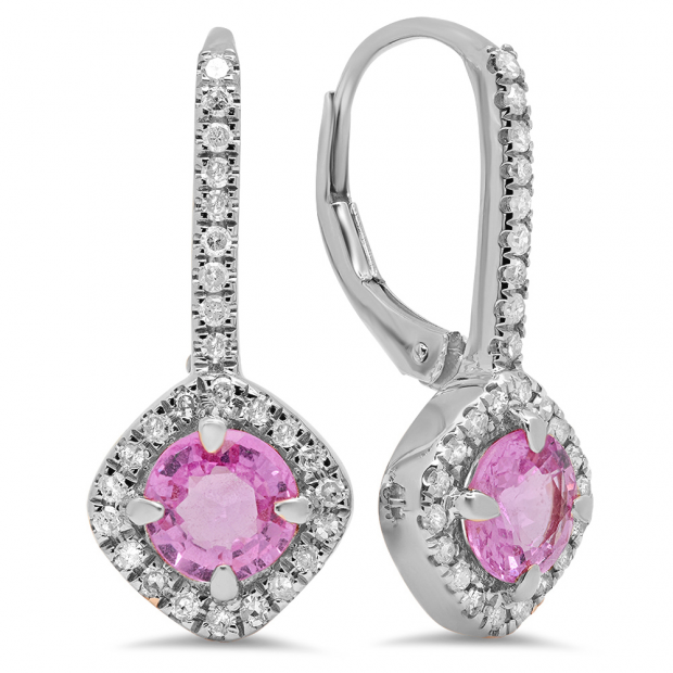 2.20 Carat (Ctw) 10K White Gold Round Cut Pink Sapphire & White Diamond Ladies Halo Style Hoop Earrings