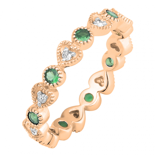 0.55 Carat (Ctw) 10K Rose Gold Round Cut Emerald And White Diamond Ladies Vintage Style Anniversary Wedding Eternity Band Stackable Ring 1/2 CT
