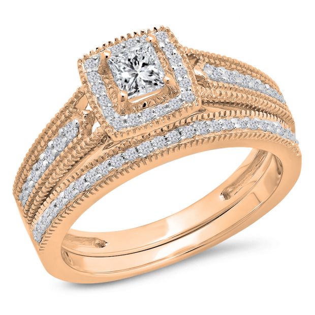 0.70 Carat (Ctw) 10K Rose Gold Princess & Round White Diamond Ladies Milgrain Bridal Halo Engagement Ring With Matching Band Set 3/4 CT