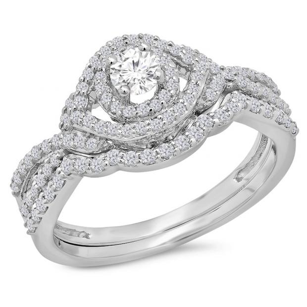 0.75 Carat (Ctw) 18K White Gold Round Cut White Diamond Ladies Bridal Swirl Halo Style Split Shank Engagement Ring With Matching Band Set 3/4 CT