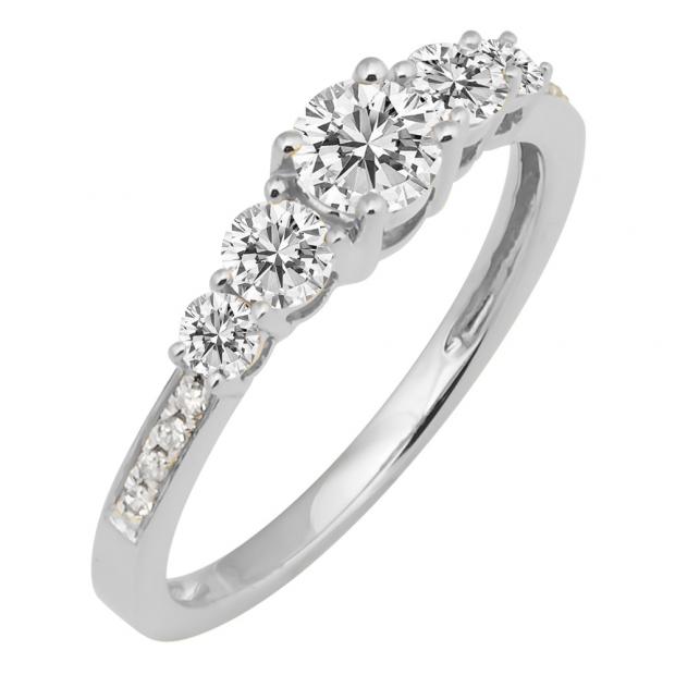 0.85 Carat (Ctw) 10K White Gold Round Cut White Diamond Ladies 5 Stone Bridal Engagement Ring