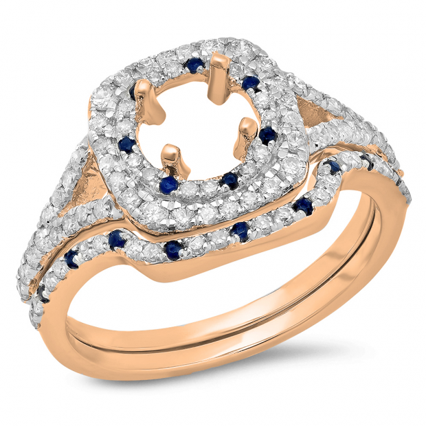 0.80 Carat (Ctw) 14K Rose Gold Round Cut Blue Sapphire & White Diamond Ladies Bridal Split Shank Semi Mount Engagement Ring With Matching Band Set 3/4 CT (No Center Stone)