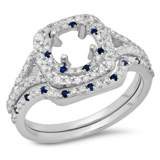 0.80 Carat (Ctw) 14K White Gold Round Cut Blue Sapphire & White Diamond Ladies Bridal Split Shank Semi Mount Engagement Ring With Matching Band Set 3/4 CT (No Center Stone)