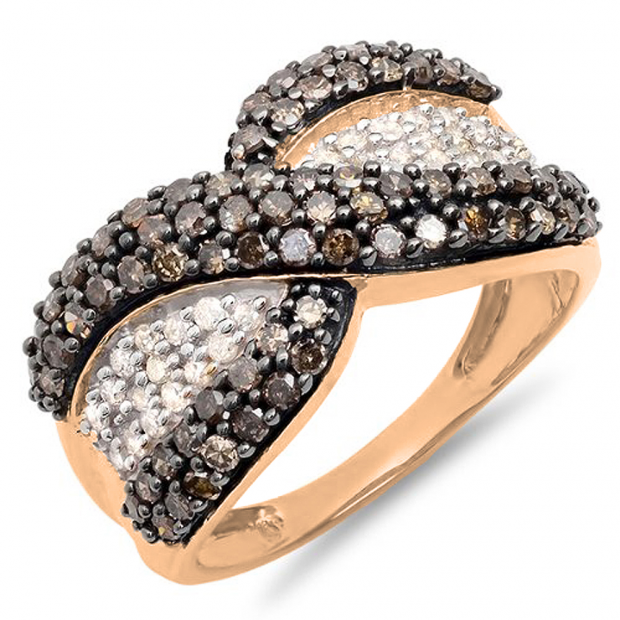 0.95 Carat (Ctw) 10K Rose Gold Round Champagne And White Diamonds Ladies Cocktail Right Hand Ring 1 CT