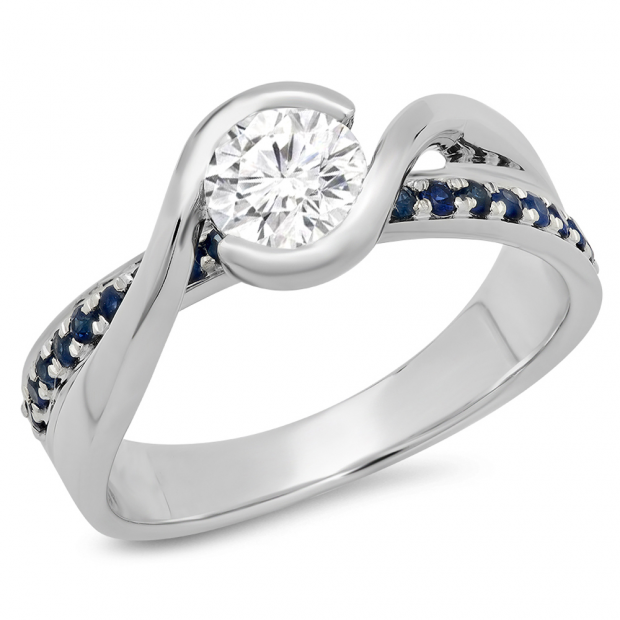 1.00 Carat (Ctw) 10K White Gold Round Blue Sapphire & White Diamond Ladies Bridal Swirl Twisted Engagement Ring 1 CT