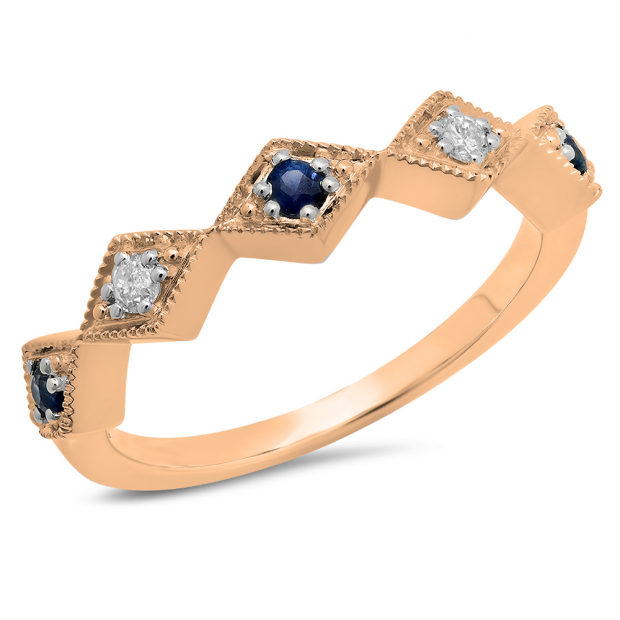 0.20 Carat (Ctw) 18K Rose Gold Round Blue Sapphire & White Diamond Ladies Vintage Style Milgrain Stackable Wedding Band 1/5 CT