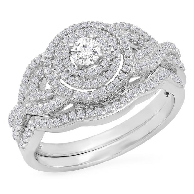 0.55 Carat (Ctw) 14K White Gold Round Cut White Diamond Ladies Bridal Swirl Halo Style Split Shank Engagement Ring With Matching Band Set 1/2 CT