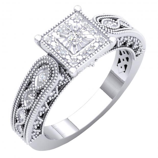 0.10 Carat (Ctw) Sterling Silver Round Cut White Diamond Ladies Bridal Milgrain Engagement Ring 1/10 CT