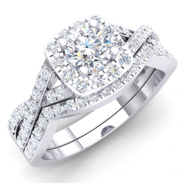 1.00 Carat (Ctw) 10K White Gold Round Cut Diamond Ladies Swirl Split Shank Bridal Halo Engagement Ring With Matching Band Set 1 CT