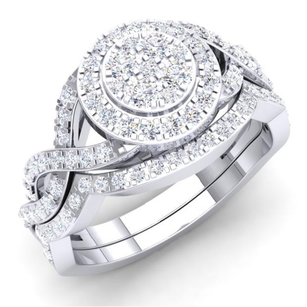 0.78 Carat (Ctw) 10K White Gold Round Diamond Ladies Swirl Split Shank Cluster Engagement Ring With Matching Band Set 3/4 CT