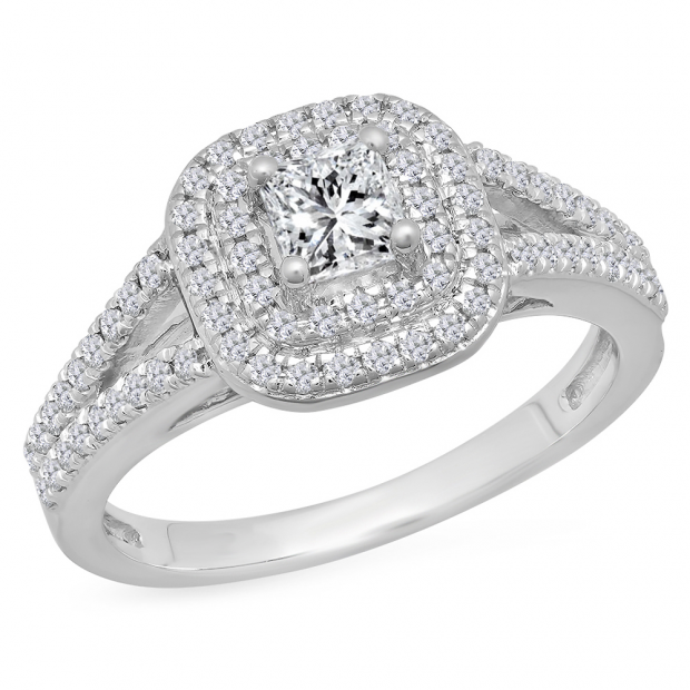 1.00 Carat (Ctw) 14K White Gold Princess & Round Cut White Diamond Ladies Split Shank Halo Bridal Engagement Ring 1 CT