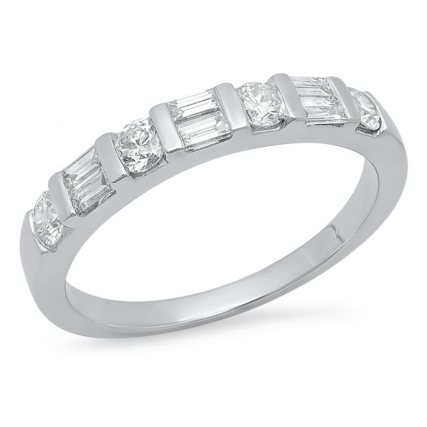 0.47 Carat (Ctw) 14K White Gold Round & Baguette Cut White Diamond Ladies Anniversary Wedding Band Stackable Ring 1/4 CT