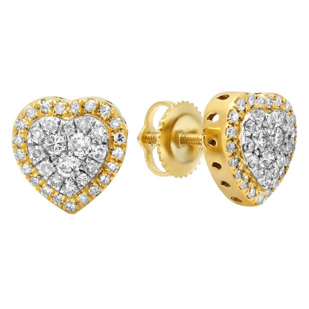 0.50 Carat (Ctw) 10K Yellow Gold Round White Diamond Ladies Heart Shaped Stud Earrings 1/2 CT