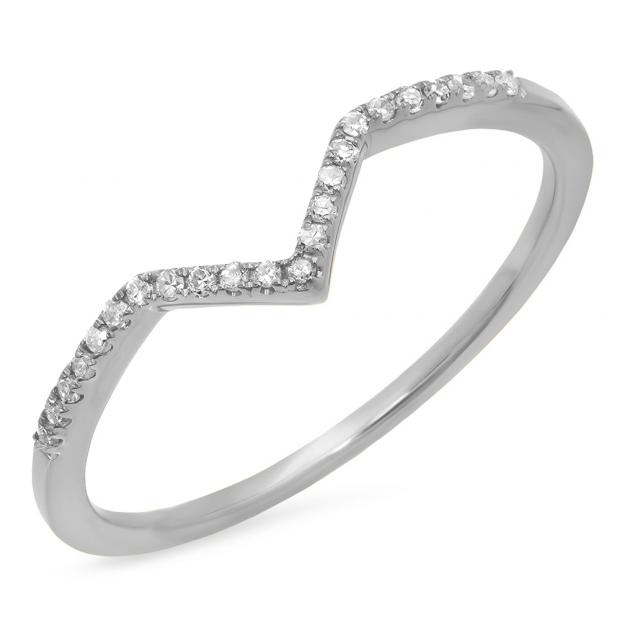 0.10 Carat (ctw) 10K White Gold Round White Diamond Wedding Stackable Band Anniversary Guard Chevron Ring 1/10 CT