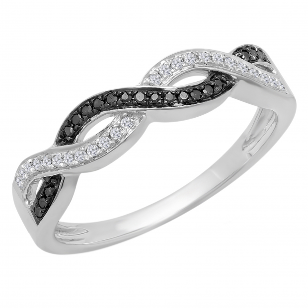 0.15 Carat (Ctw) 10K White Gold Round Cut Black & White Diamond Ladies Bridal Swirl Anniversary Wedding Stackable Band