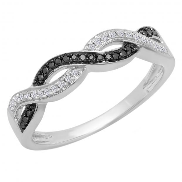 0.15 Carat (Ctw) Sterling Silver Round Cut Black & White Diamond Ladies Bridal Swirl Anniversary Wedding Stackable Band