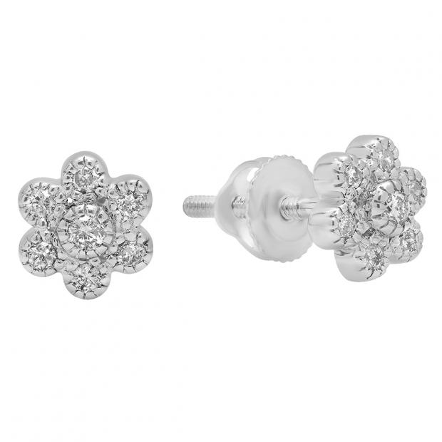 0.20 Carat (ctw) 10K White Gold Round Cut White Diamond Ladies Cluster Flower Shaped Stud Earrings 1/5 CT
