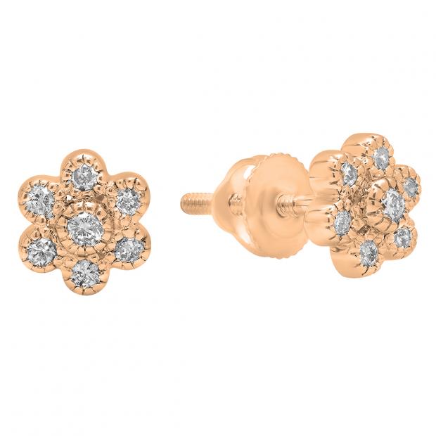 0.20 Carat (ctw) 14K Rose Gold Round Cut White Diamond Ladies Cluster Flower Shaped Stud Earrings 1/5 CT