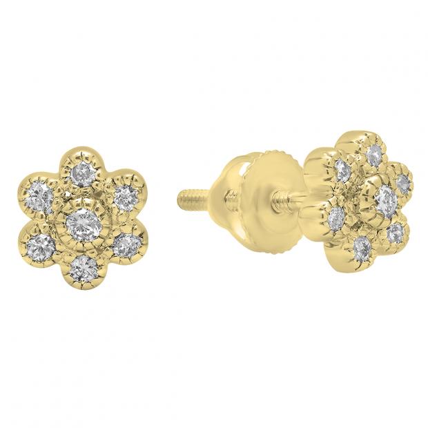0.20 Carat (ctw) 18K Yellow Gold Round Cut White Diamond Ladies Cluster Flower Shaped Stud Earrings 1/5 CT