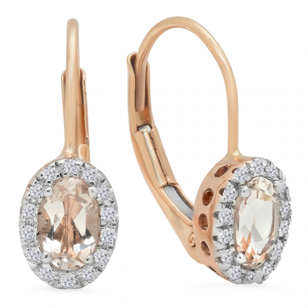 0.55 Carat (ctw) 14K Rose Gold Oval Cut Morganite & Round Cut White Diamond Ladies Halo Style Hoop Earrings 1/2 CT