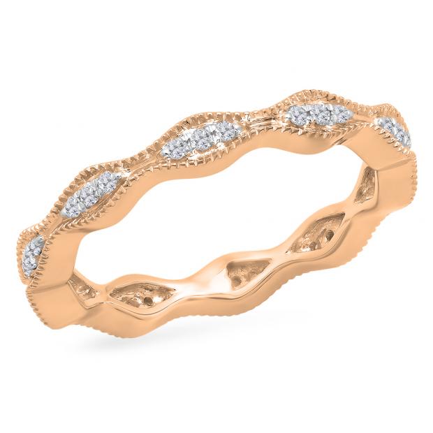 0.20 Carat (ctw) 10K Rose Gold Round White Diamond Ladies Vintage Style Milgrain Eternity Anniversary Wedding Band 1/5 CT