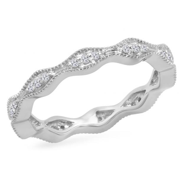 0.20 Carat (ctw) 14K White Gold Round White Diamond Ladies Vintage Style Milgrain Eternity Anniversary Wedding Band 1/5 CT