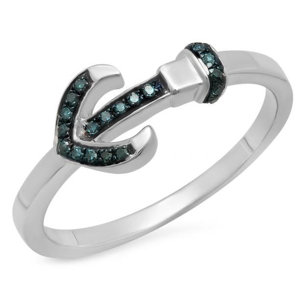 0.10 Carat (ctw) Sterling Silver Round Blue Diamond Ladies Bridal Vintage Right Hand Arrow Ring