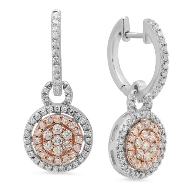 0.70 Carat (ctw) Two Tone Rose Gold Plated 10K White Gold Round White Diamond Ladies Cluster Style Dangling Earrings 3/4 CT