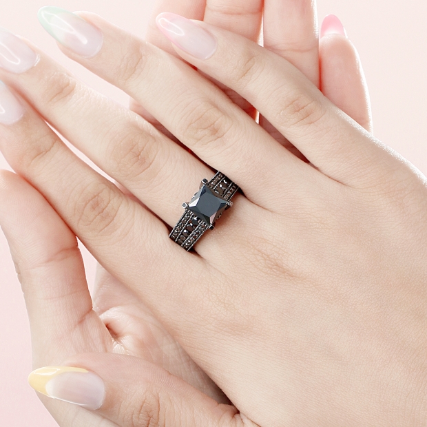 Princess & Round Black Diamond 3 Row Engagement Ring for Women (5.00 ctw Color Black Clarity Opaque) in 10K White Gold