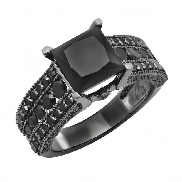 5.00 Carat (ctw) Black Rhodium Plated 14K White Gold Princess & Round Black Diamond Ladies Vintage Style Solitaire With Accents Bridal Engagement Ring