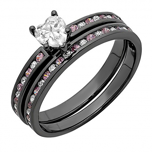1.80 Carat (ctw) Black Rhodium Plated Sterling Silver Heart Cut White & Round Pink Sapphire Cubic Zirconia Ladies Bridal Engagement Ring With Matching Band Set