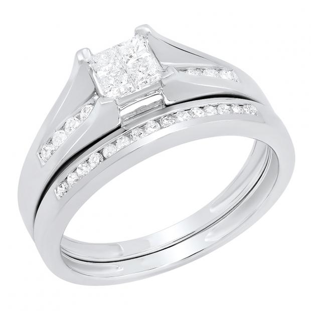 0.50 Carat (ctw) 10K White Gold Round & Princess Cut White Diamond Ladies Bridal Engagement Ring With Matching Band Set 1/2 CT