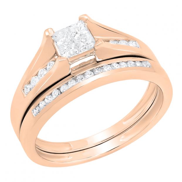 0.50 Carat (ctw) 14K Rose Gold Round & Princess Cut White Diamond Ladies Bridal Engagement Ring With Matching Band Set 1/2 CT