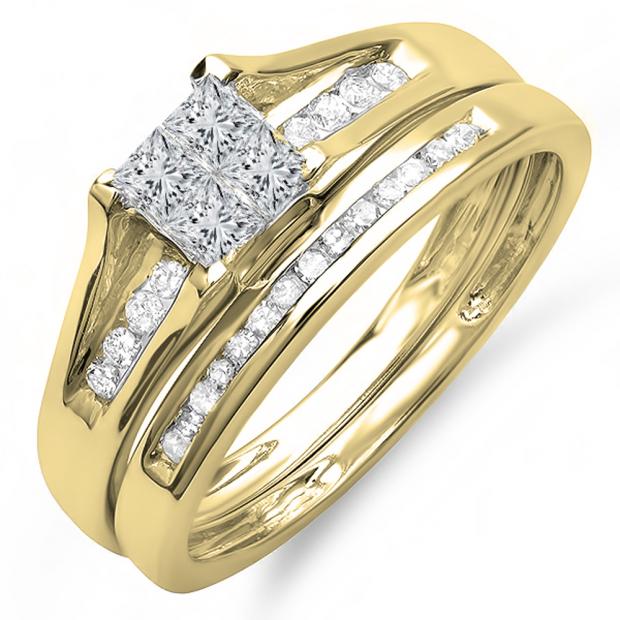 0.50 Carat (ctw) 18K Yellow Gold Round & Princess Cut White Diamond Ladies Bridal Engagement Ring With Matching Band Set 1/2 CT