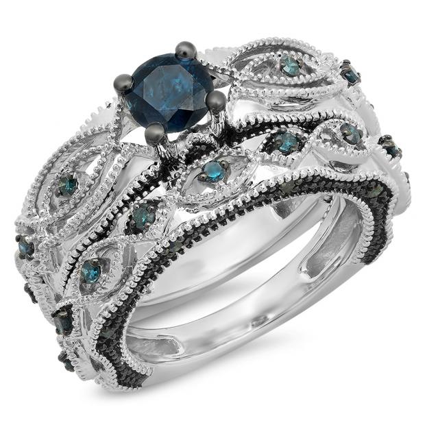 1.05 Carat (ctw) 10K White Gold Round Cut Blue Diamond Ladies Bridal Vintage Style Engagement Ring With Matching Band Set 1 CT