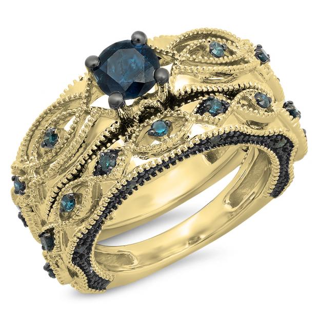 1.05 Carat (ctw) 14K Yellow Gold Round Cut Blue Diamond Ladies Bridal Vintage Style Engagement Ring With Matching Band Set 1 CT