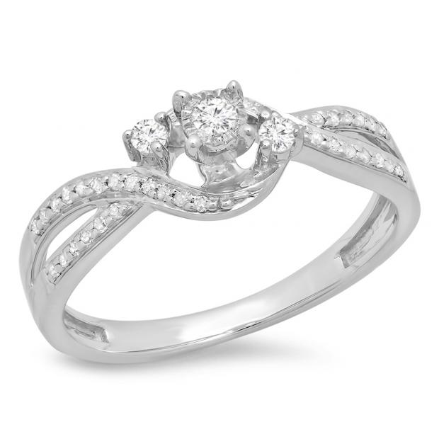 0.20 Carat (ctw) Sterling Silver Round White Diamond Ladies 3 Stone Swirl Split Shank Twisted Engagement Promise Ring 1/5 CT
