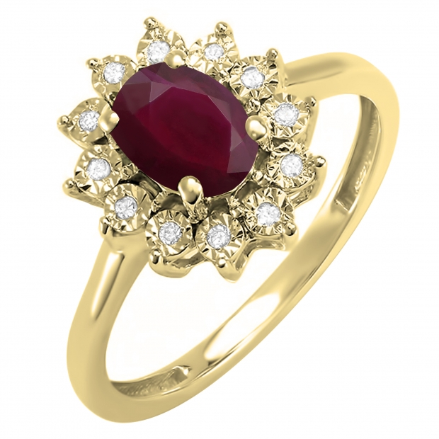 1.10 Carat (ctw) Kate Middleton Diana Inspired 10K Yellow Gold Real Round Diamond & Oval Ruby Royal Engagement Ring 1 CT
