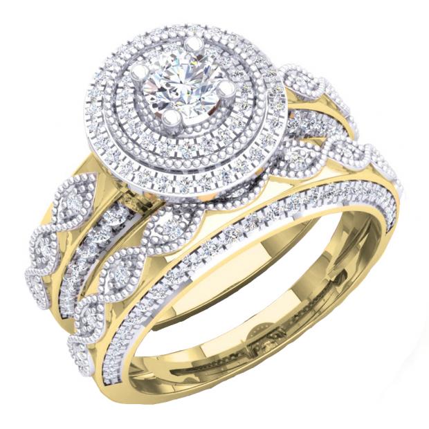 0.90 Carat (ctw) 10K Yellow Gold Round Cut Diamond Ladies Halo Style Split Shank Milgrain Bridal Engagement Ring With Matching Band Set