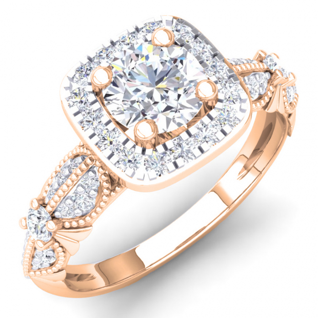 1.22 Carat (ctw) 10K Rose Gold Round Cut Diamond Ladies Halo Style Split Shank Vintage & Antique Milgrain Engagement Ring 1 1/4 CT