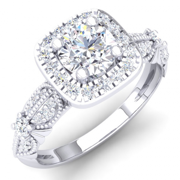 1.22 Carat (ctw) 10K White Gold Round Cut Diamond Ladies Halo Style Split Shank Vintage & Antique Milgrain Engagement Ring 1 1/4 CT