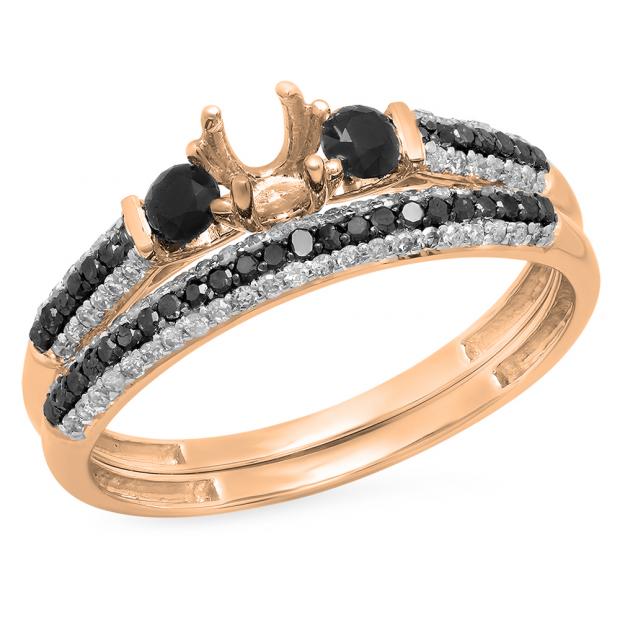 0.65 Carat (ctw) 10K Rose Gold Round Black & White Diamond Ladies Semi Mount Bridal Engagement Ring Set (No Center Stone)