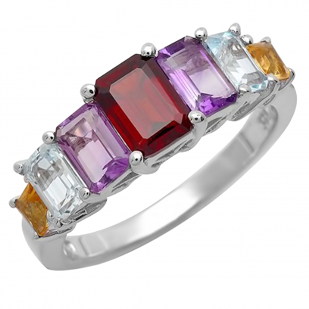 2.50 CT Sterling Silver Ladies Emerald Cut Multi Color Gemstone Engagement Ring