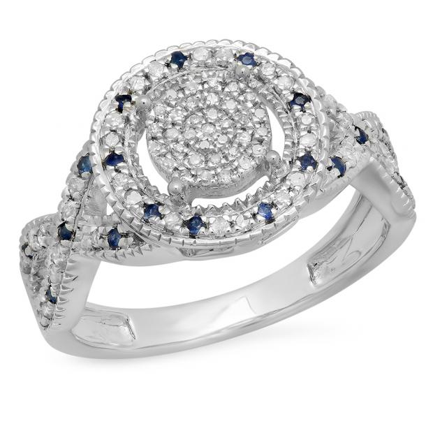 0.34 Carat (ctw) Sterling Silver Round Blue Sapphire & White Diamond Ladies Micro Pave Engagement Ring 1/3 CT
