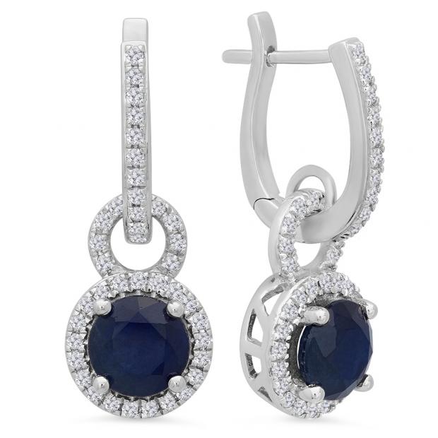 3.40 Carat (ctw) Sterling Silver Round Cut Blue Sapphire & White Diamond Ladies Halo Style Dangling Drop Earrings