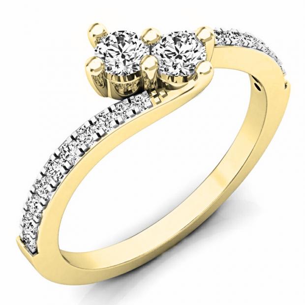 0.50 Carat (ctw) 10K Yellow Gold Round White Diamond Ladies Two Stone Bypass Style Bridal Engagement Ring 1/2 CT