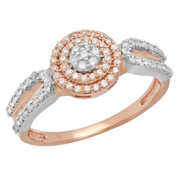 0.45 Carat (ctw) Two Tone Rose Gold Plated 10K White Gold Round White Diamond Ladies Swirl Split Shank Bridal Cluster Engagement Ring